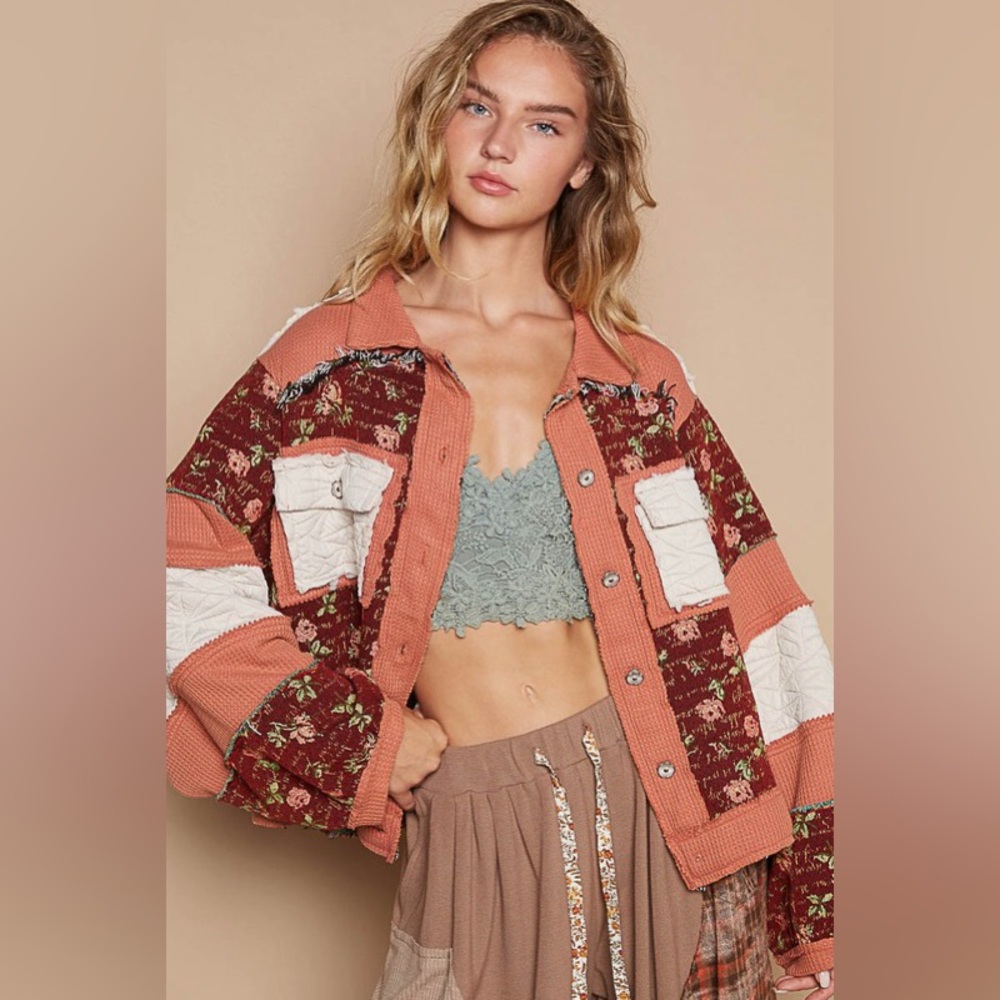 POL Patchwork Quilted Floral Jacket in Rust, Burgundy & Cream